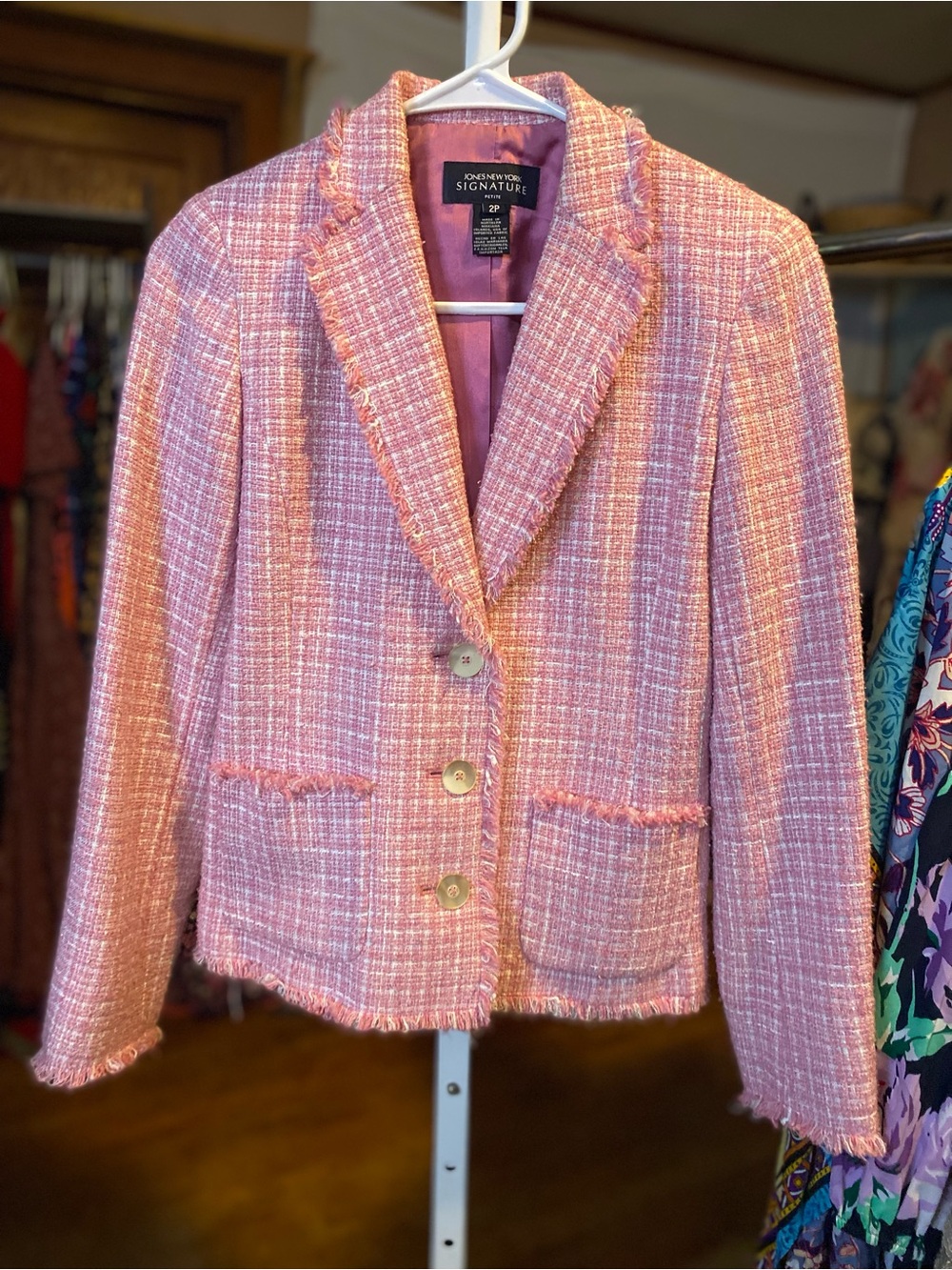 Jones New York Signature Pink Tweed Blazer with Fringe Trim